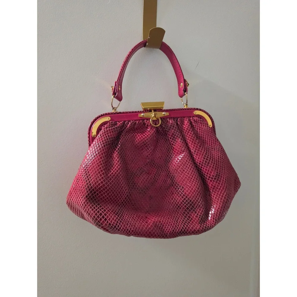 Vintage Style Magenta Faux Snakeskin Frame Handbag Gold Hardware Top Handle Bag